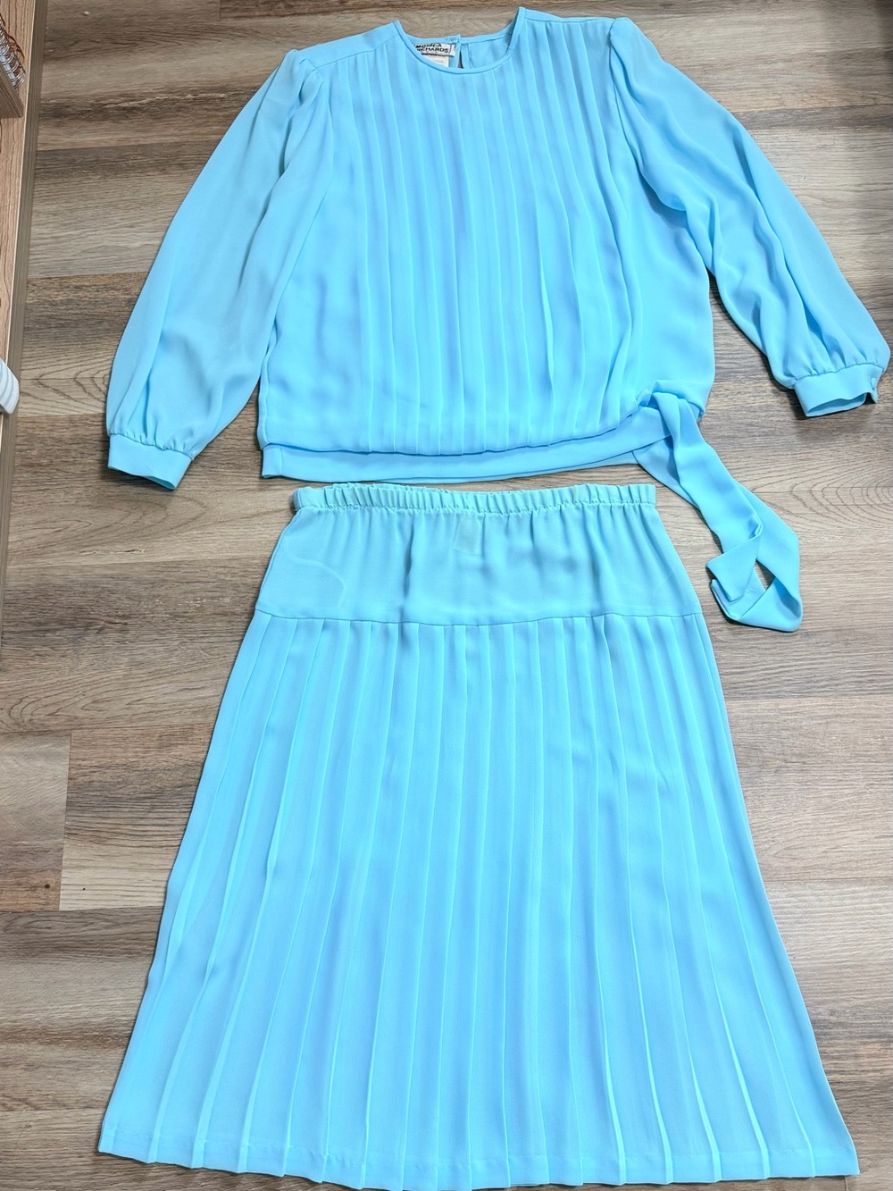 Pleated Light Blue Formal Two-Piece Dress Set Vintage